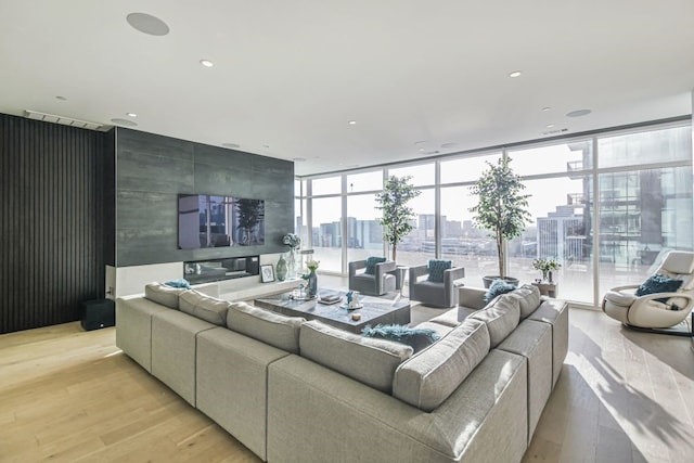 living room featuring light hardwood / wood-style floors and expansive windows