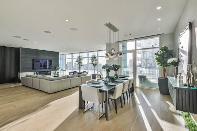 dining space featuring light hardwood / wood-style floors, a healthy amount of sunlight, and expansive windows