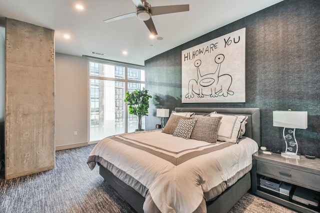 bedroom featuring ceiling fan, carpet flooring, and access to exterior