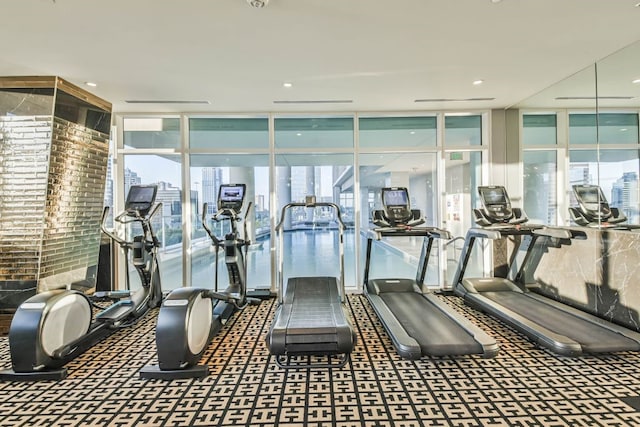 exercise room featuring a wall of windows and carpet floors