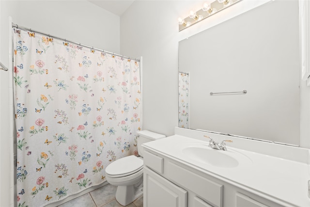 bathroom featuring vanity, curtained shower, toilet, and tile patterned flooring