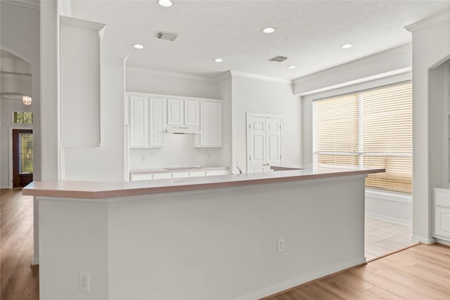 kitchen with a large island with sink, crown molding, white cabinetry, and light hardwood / wood-style floors