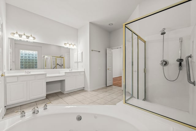 bathroom featuring vanity and plus walk in shower