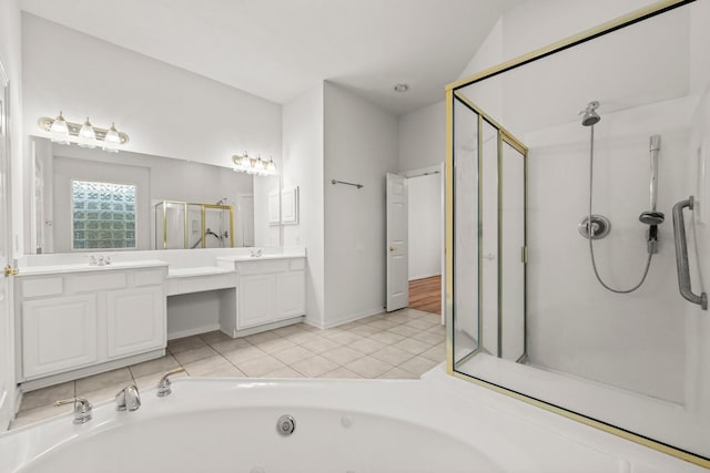 23 Wilmington Way, Conroe, TX 77384 - full bath with a stall shower, double vanity, a jetted tub, and tile patterned floors