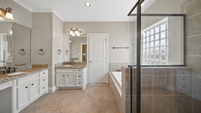 bathroom featuring vanity, ornamental molding, separate shower and tub, and tile patterned flooring