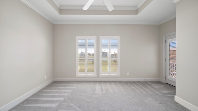 carpeted spare room with a wealth of natural light, ornamental molding, a raised ceiling, and ceiling fan