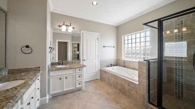 bathroom with vanity, crown molding, shower with separate bathtub, and tile patterned floors