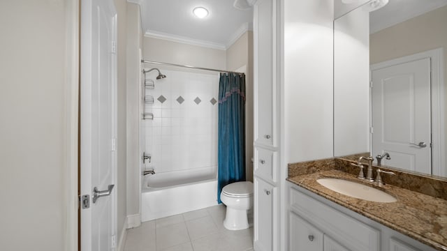 full bathroom with shower / bath combination with curtain, toilet, vanity, crown molding, and tile patterned flooring