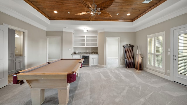 game room featuring light carpet, indoor bar, and wooden ceiling