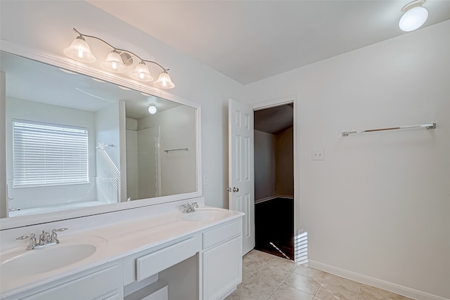 bathroom featuring tile patterned flooring, vanity, and independent shower and bath