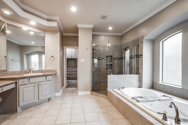 bathroom featuring tile patterned flooring, vanity, ornamental molding, and shower with separate bathtub