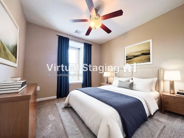 bedroom featuring carpet and ceiling fan