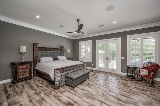 bedroom with ceiling fan, access to exterior, crown molding, and light hardwood / wood-style flooring