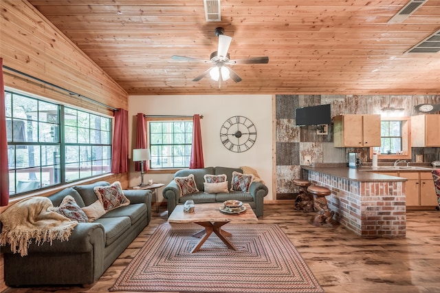 living room featuring wooden ceiling, ceiling fan, light wood-type flooring, and vaulted ceiling