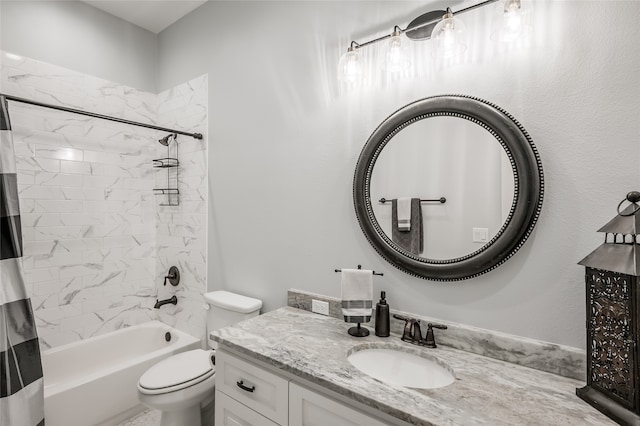 full bathroom with vanity, shower / bathtub combination with curtain, and toilet