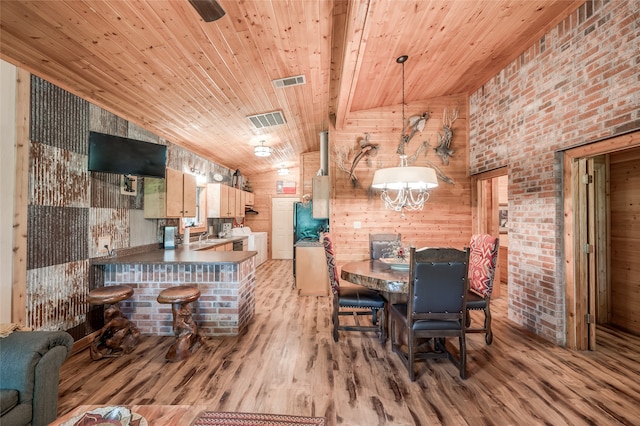 kitchen with kitchen peninsula, light hardwood / wood-style floors, wooden walls, and lofted ceiling with beams