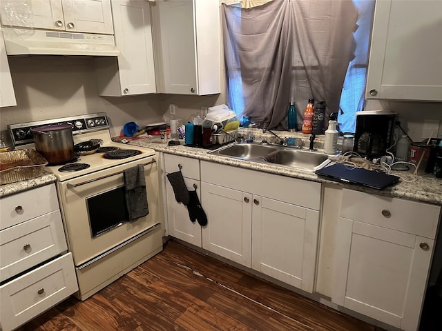 kitchen featuring white cabinetry, white electric range oven, sink, and dark hardwood / wood-style flooring