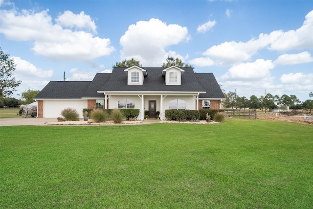 cape cod home featuring covered porch, a garage, and a front lawn