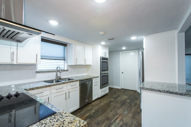 kitchen with dark hardwood / wood-style floors, exhaust hood, sink, white cabinets, and appliances with stainless steel finishes