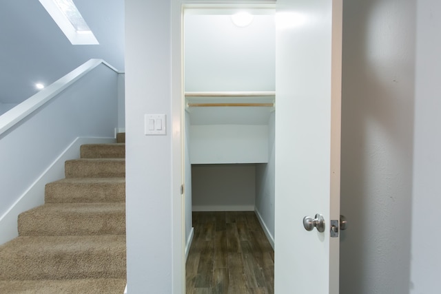 stairway with wood-type flooring and a skylight