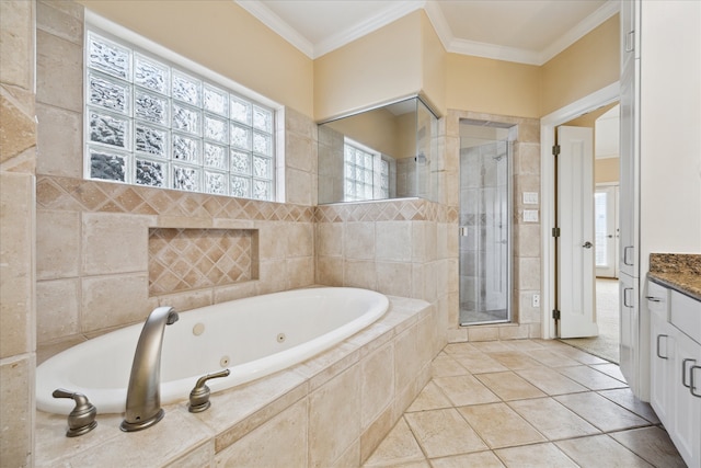 bathroom with ornamental molding, vanity, tile patterned floors, and separate shower and tub