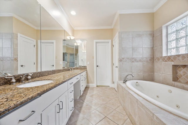 bathroom with a relaxing tiled tub, vanity, tile patterned floors, and ornamental molding