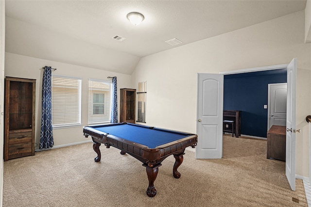 game room featuring pool table, light carpet, and vaulted ceiling