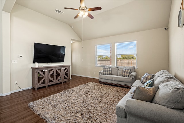 living room featuring ceiling fan, dark hardwood / wood-style floors, and lofted ceiling