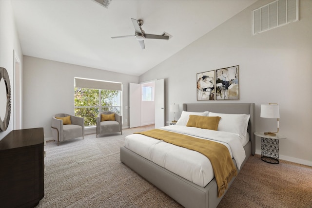 bedroom featuring carpet flooring, high vaulted ceiling, and ceiling fan