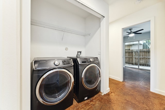 clothes washing area with ceiling fan and independent washer and dryer