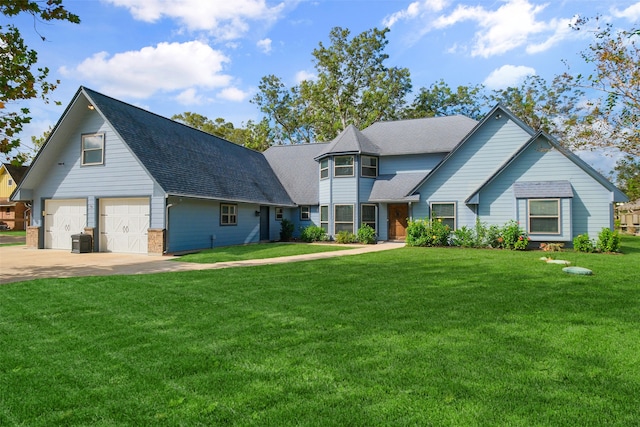 view of front facade featuring central air condition unit, a front yard, and a garage