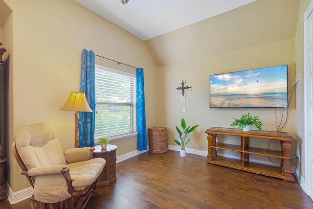 sitting room featuring dark hardwood / wood-style floors and lofted ceiling