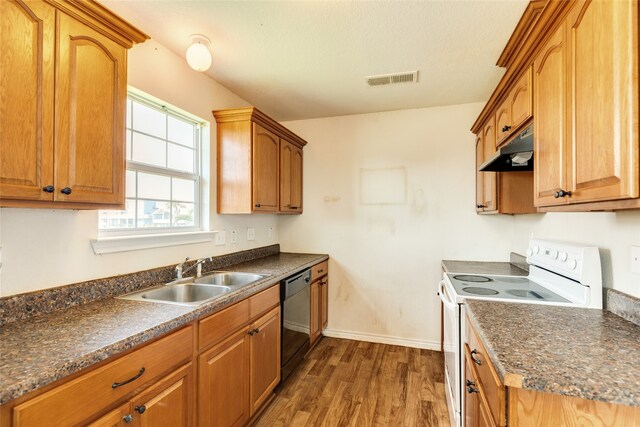 kitchen with dishwasher, white electric range oven, sink, and dark hardwood / wood-style flooring