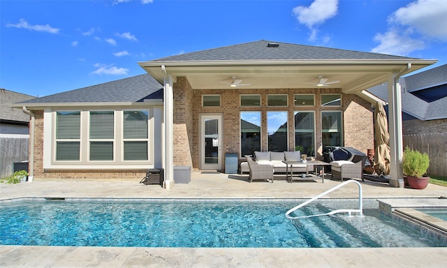 back of house featuring a fenced in pool, a patio area, an outdoor hangout area, and ceiling fan