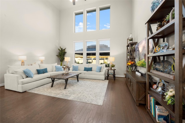 living room featuring dark hardwood / wood-style floors and a high ceiling