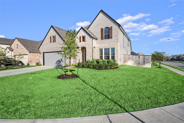 french country inspired facade with a front yard and a garage