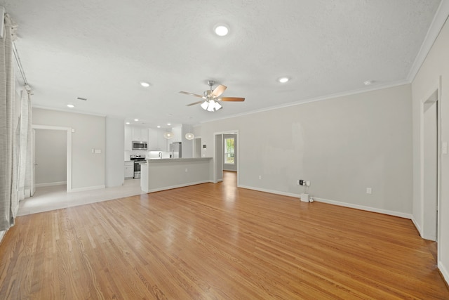 unfurnished living room featuring ornamental molding, a textured ceiling, light wood-type flooring, and ceiling fan