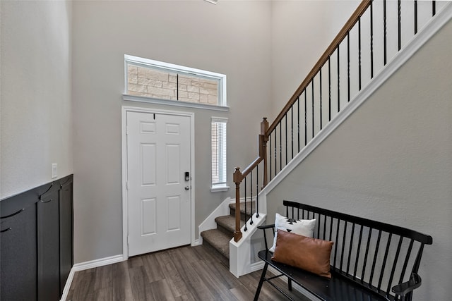 entryway featuring hardwood / wood-style flooring and a towering ceiling