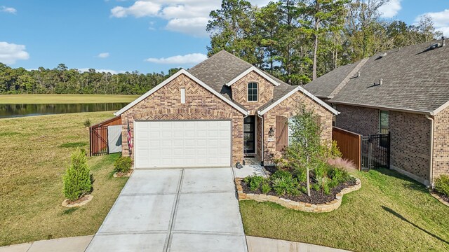 view of front of property featuring a water view and a front yard