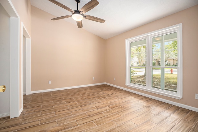 unfurnished room with ceiling fan, a textured ceiling, light hardwood / wood-style flooring, and vaulted ceiling