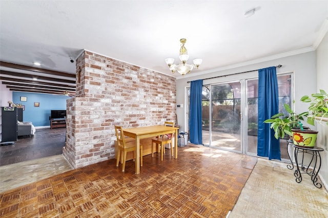 dining area with crown molding, beamed ceiling, a chandelier, and parquet flooring