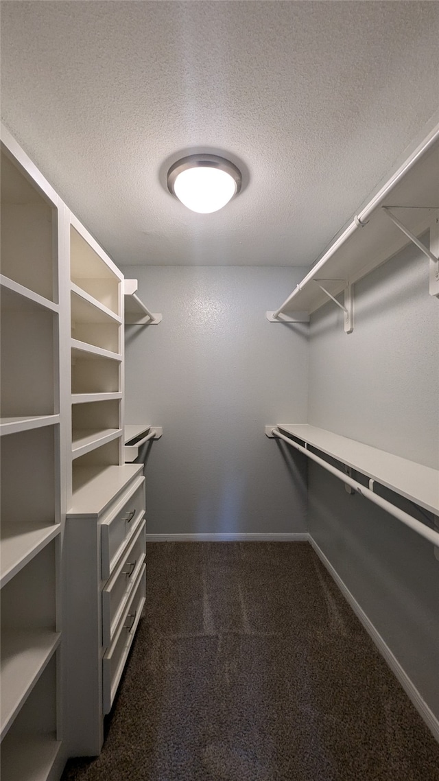 walk in closet featuring dark colored carpet