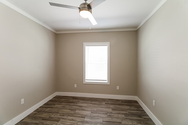 unfurnished room featuring ornamental molding, ceiling fan, and dark hardwood / wood-style flooring