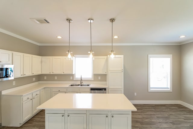 kitchen with white cabinetry, appliances with stainless steel finishes, sink, and dark hardwood / wood-style floors