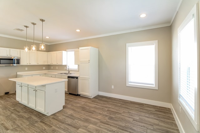 kitchen with a healthy amount of sunlight, stainless steel appliances, light hardwood / wood-style flooring, and pendant lighting