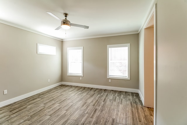 unfurnished room with crown molding, light hardwood / wood-style flooring, and ceiling fan