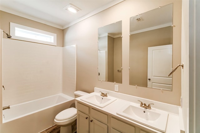6605 Greenhurst St, Houston, TX 77091 - full bathroom with toilet, double vanity, shower / bath combination, and ornamental molding