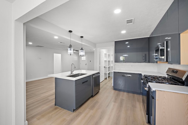 kitchen featuring appliances with stainless steel finishes, a kitchen island with sink, sink, and hanging light fixtures