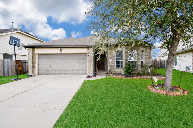 ranch-style home with a front yard and a garage