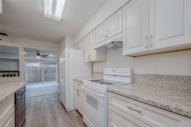 kitchen with ceiling fan, white cabinetry, light hardwood / wood-style flooring, dishwasher, and white electric stove